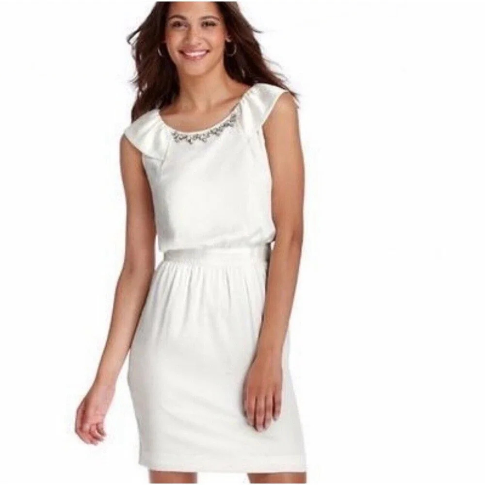 LOFT Size 6‎ Ivory Jewel Collar Embellishment Neck Flutter Sleeve Party Dress